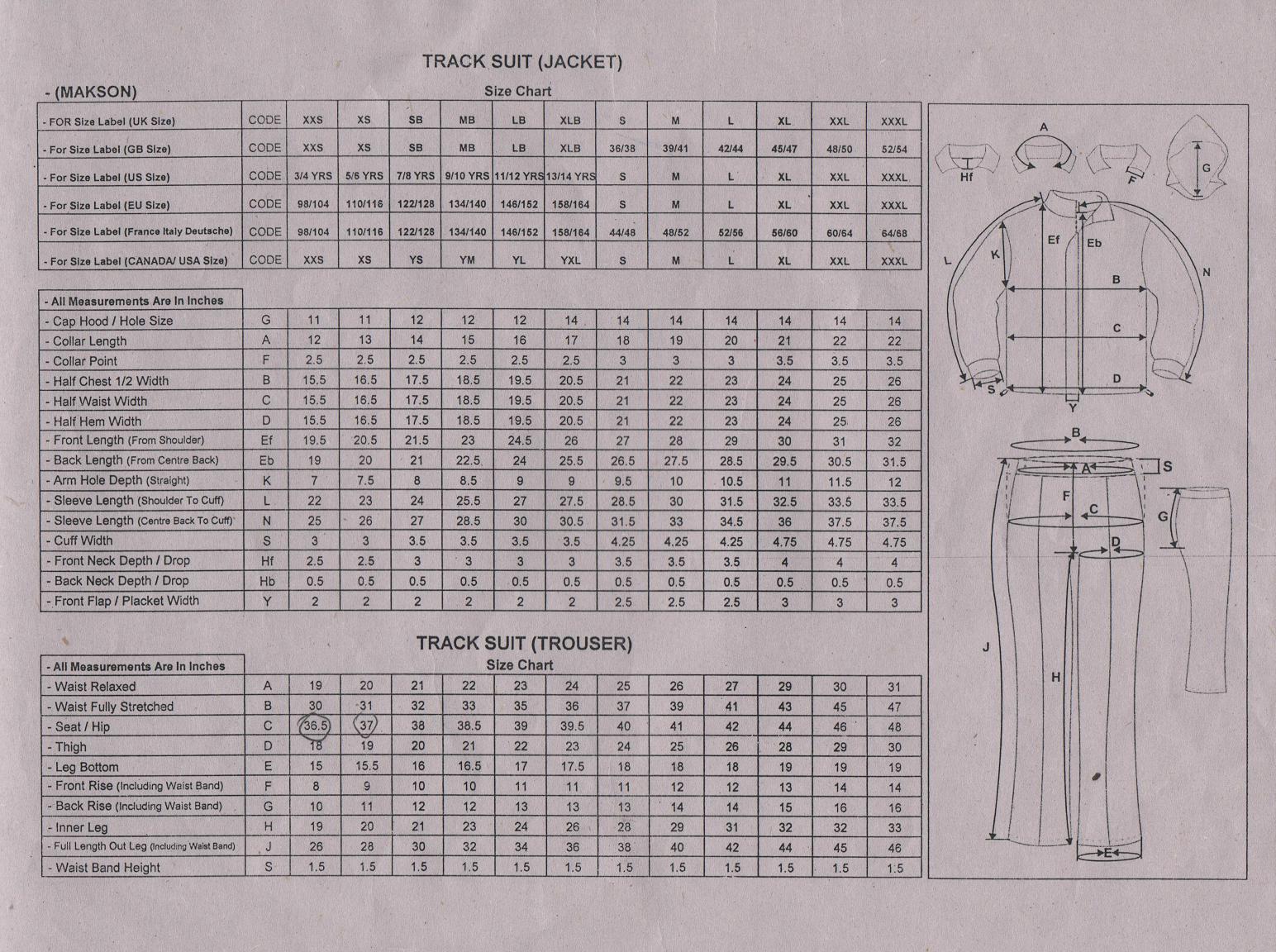Our Track Suits Chart
